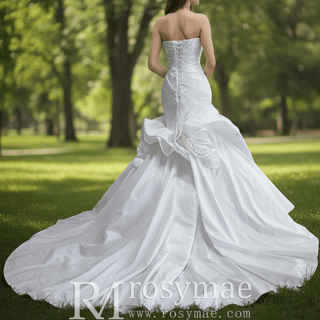 Strapless Satin Mermaid Wedding Dress with 3D Rose Appliqués & Ruffle Train