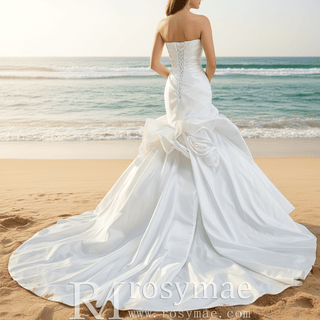 Strapless Satin Mermaid Wedding Dress with 3D Rose Appliqués & Ruffle Train