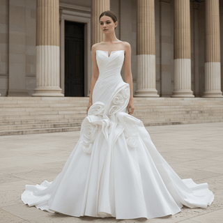 Strapless Satin Mermaid Wedding Dress with 3D Rose Appliqués & Ruffle Train