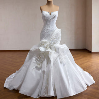 Strapless Satin Mermaid Wedding Dress with 3D Rose Appliqués & Ruffle Train