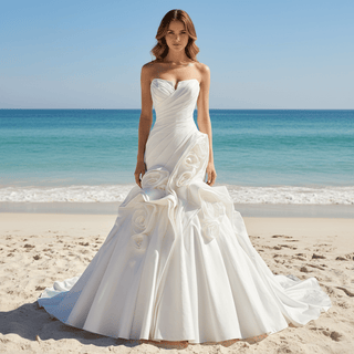 Strapless Satin Mermaid Wedding Dress with 3D Rose Appliqués & Ruffle Train