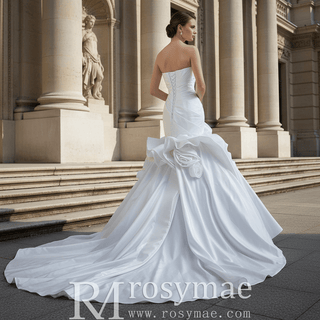 Strapless Satin Mermaid Wedding Dress with 3D Rose Appliqués & Ruffle Train