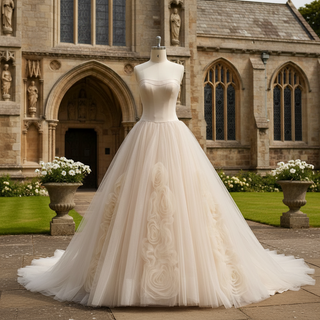 Classic Scoop Neckline A-line Tulle Wedding Dress with 3D Flowers