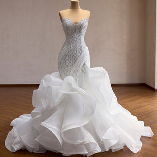 Strapless Sequin Mermaid Wedding Dress with Dramatic Layered Ruffle Skirt - Mermaid - Rosymae