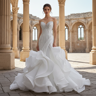 Strapless Sequin Mermaid Wedding Dress with Dramatic Layered Ruffle Skirt
