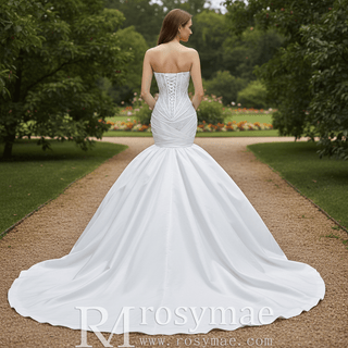 Strapless Sheer Corset Mermaid Wedding Dress with Radiating Boning & Satin Ball Gown