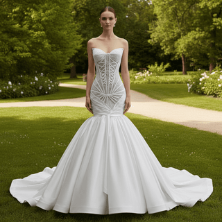 Strapless Sheer Corset Mermaid Wedding Dress with Radiating Boning & Satin Ball Gown