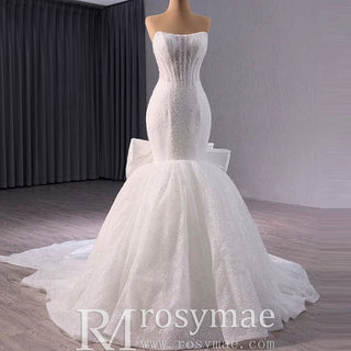 Strapless Shiny Trumpet Wedding Dress with Curve Neck - Rosymae