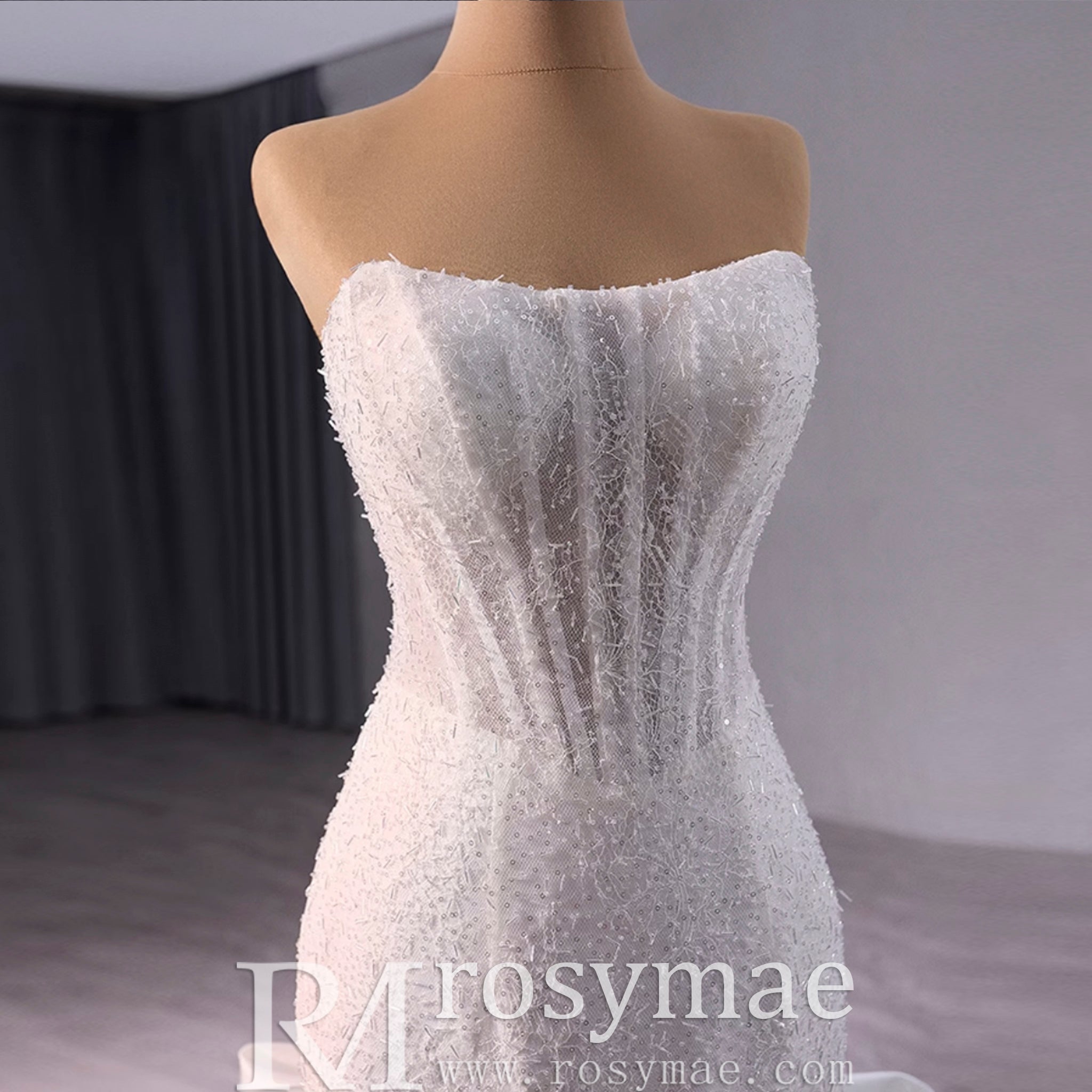 Strapless Shiny Trumpet Wedding Dress with Curve Neck - Rosymae