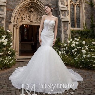 Strapless Shiny Trumpet Wedding Dress with Curve Neck - Rosymae