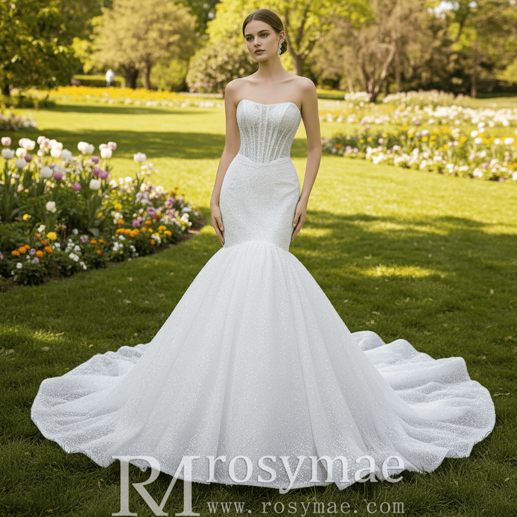 Strapless Shiny Trumpet Wedding Dress with Curve Neck - Rosymae