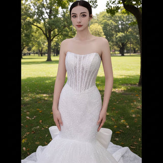 Strapless Shiny Trumpet Wedding Dress with Curve Neck - Rosymae