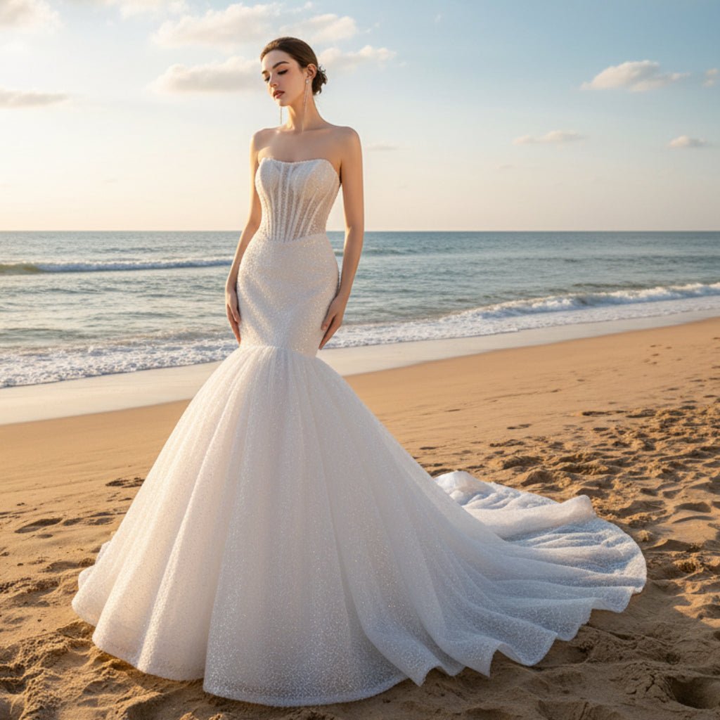 Strapless Shiny Trumpet Wedding Dress with Curve Neck - Rosymae