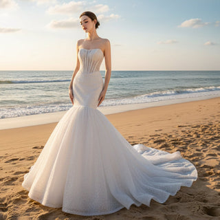 Strapless Shiny Trumpet Wedding Dress with Curve Neck - Rosymae