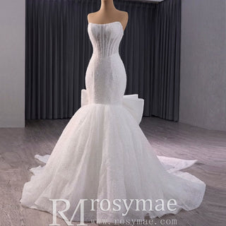 Strapless Shiny Trumpet Wedding Dress with Curve Neck - Rosymae