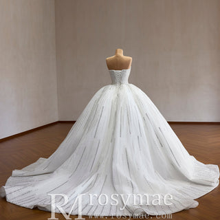 Strapless Silver Sequin Ball Gown Sparkly Wedding Dress with Vertical Beading