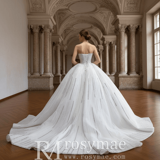 Strapless Silver Sequin Ball Gown Sparkly Wedding Dress with Vertical Beading