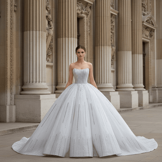 Strapless Silver Sequin Ball Gown Sparkly Wedding Dress with Vertical Beading