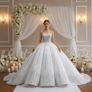 Strapless Silver Sequin Ball Gown Sparkly Wedding Dress with Vertical Beading