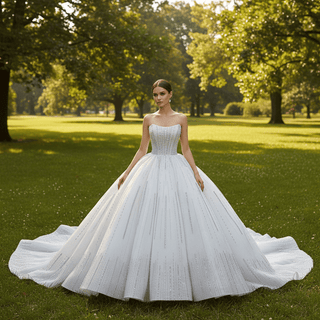 Strapless Silver Sequin Ball Gown Sparkly Wedding Dress with Vertical Beading