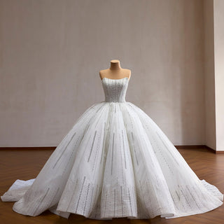 Strapless Silver Sequin Ball Gown Sparkly Wedding Dress with Vertical Beading