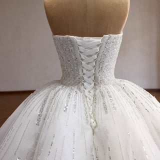 Strapless Silver Sequin Ball Gown Sparkly Wedding Dress with Vertical Beading