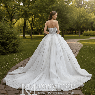 Strapless Silver Sequin Ball Gown Sparkly Wedding Dress with Vertical Beading
