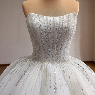 Strapless Silver Sequin Ball Gown Sparkly Wedding Dress with Vertical Beading