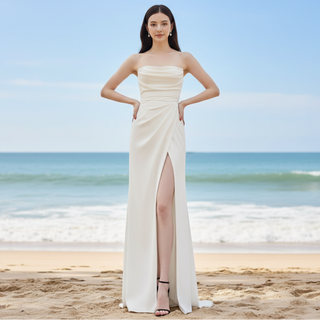 Simple Sleek Satin Wedding Dress with Leg Slit for Women
