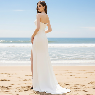 Simple Sleek Satin Wedding Dress with Leg Slit for Women