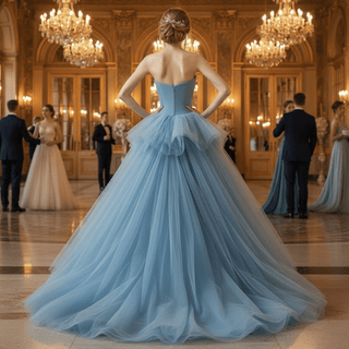 Strapless Sky Blue Ball Gown Evening Dress Prom Party Gown - Rosymae