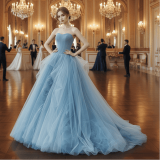 Strapless Sky Blue Ball Gown Evening Dress Prom Party Gown - Rosymae