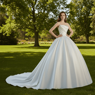 Strapless Straight Neck Ruched Satin Bridal Wedding Dress Ball Gown - Rosymae