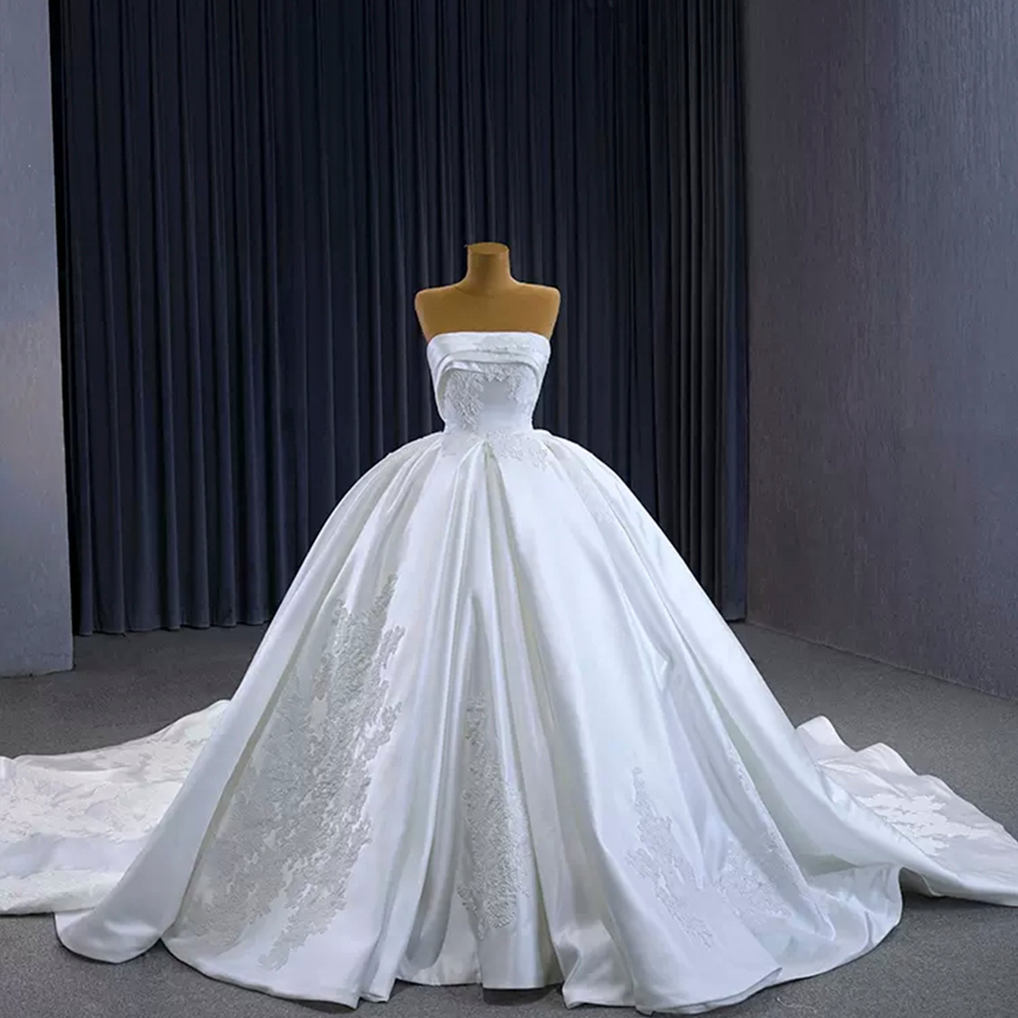 Strapless Straight Neck Satin Wedding Dress with Puffy Skirt - Rosymae