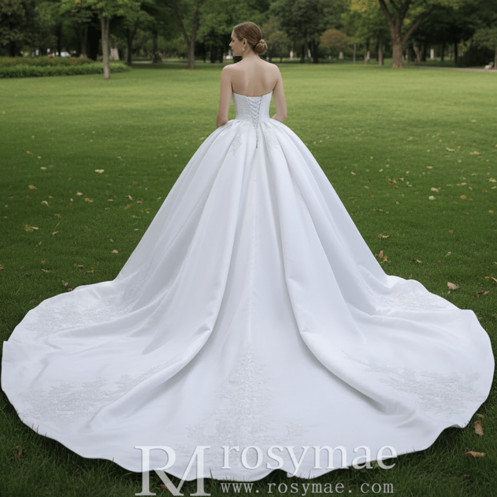 Strapless Straight Neck Satin Wedding Dress with Puffy Skirt - Rosymae