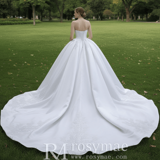 Strapless Straight Neck Satin Wedding Dress with Puffy Skirt - Rosymae