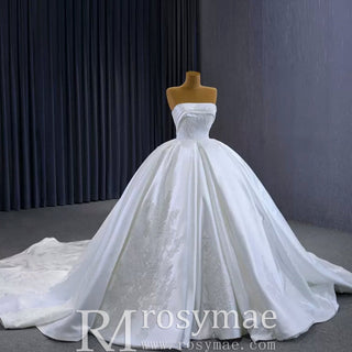 Strapless Straight Neck Satin Wedding Dress with Puffy Skirt - Rosymae