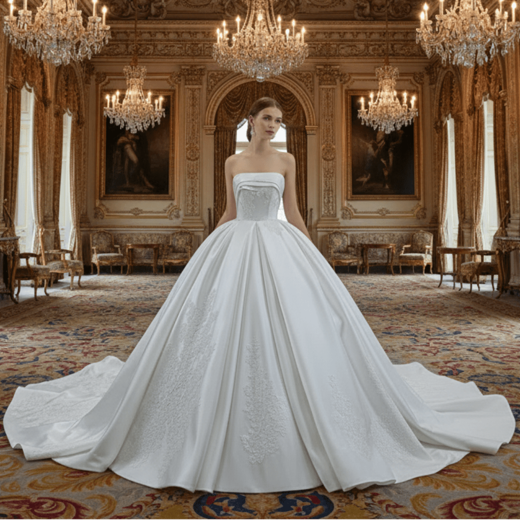 Strapless Straight Neck Satin Wedding Dress with Puffy Skirt - Rosymae