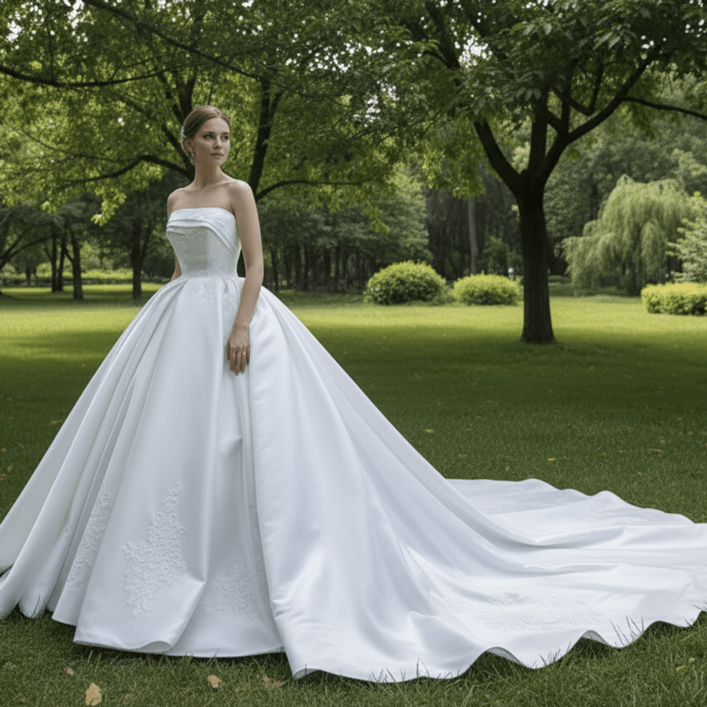 Strapless Straight Neck Satin Wedding Dress with Puffy Skirt - Rosymae
