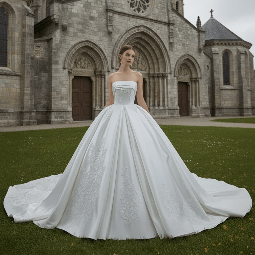 Strapless Straight Neck Satin Wedding Dress with Puffy Skirt - Rosymae