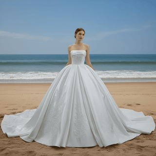Strapless Straight Neck Satin Wedding Dress with Puffy Skirt - Rosymae