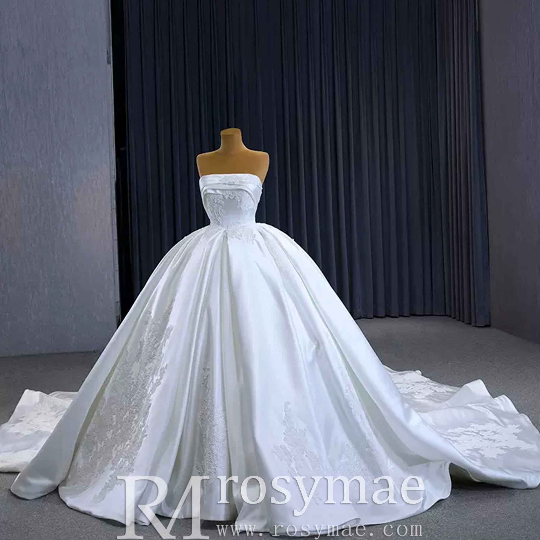 Strapless Straight Neck Satin Wedding Dress with Puffy Skirt - Rosymae