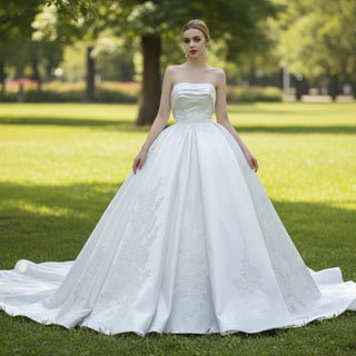 Strapless Straight Neck Satin Wedding Dress with Puffy Skirt - Rosymae