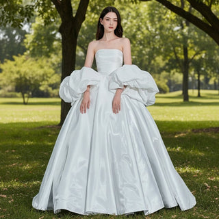 Strapless Straight Neckline Ball Gown Wedding Dress With Detachable Sleeves - Rosymae