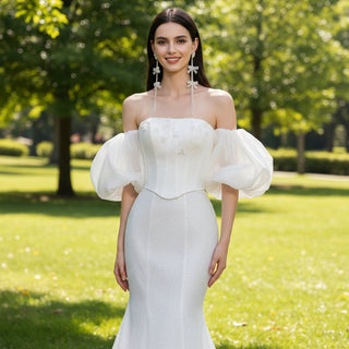 Strapless Straight Neckline Mermaid Wedding Dress with Removable Sleeve - Rosymae