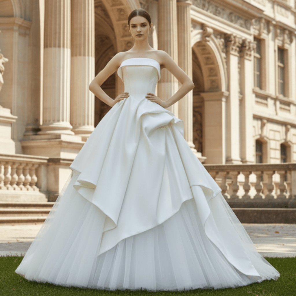 Strapless Straight Neckline Satin Ball Gown Wedding Dress - Rosymae