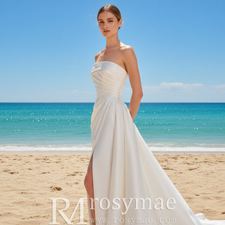 Strapless Leg Slit Satin Wedding Dress with Straight Neck