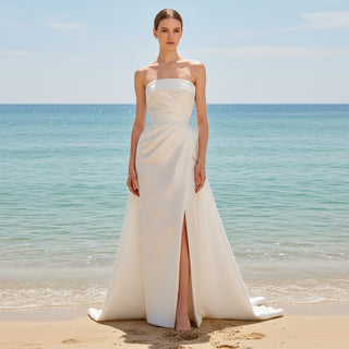 Strapless Leg Slit Satin Wedding Dress with Straight Neck
