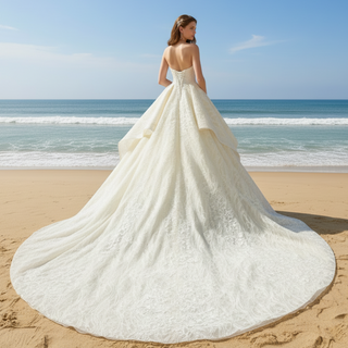 Classic Strapless Ruffle Champagne Wedding Dress with Straight Neck