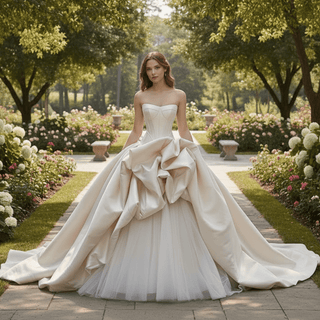 Strapless Structured Satin Corset Ball Gown Wedding Dress with 3D Bow Detail & Train